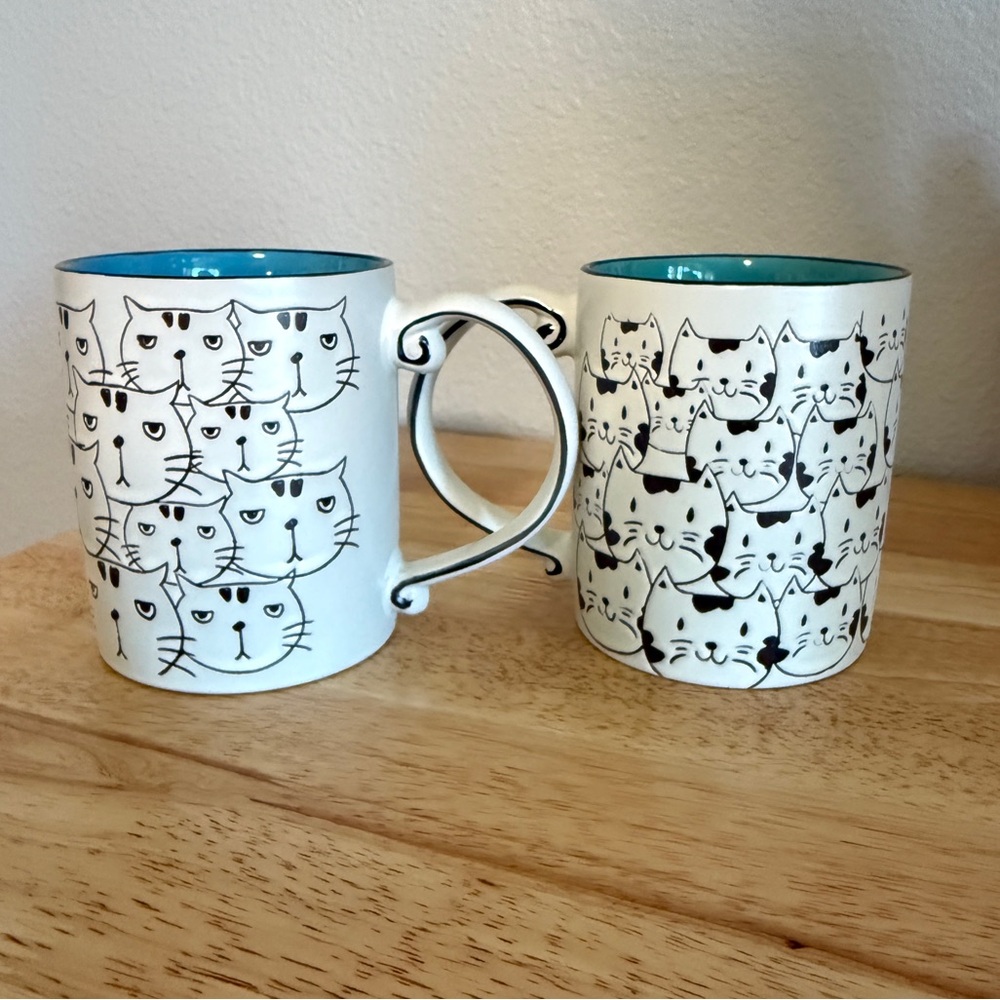 HAPPY Cat Face MAD Cat Face Ceramic Cups Two Whimsical Cat Mugs - Picture 3 of 6